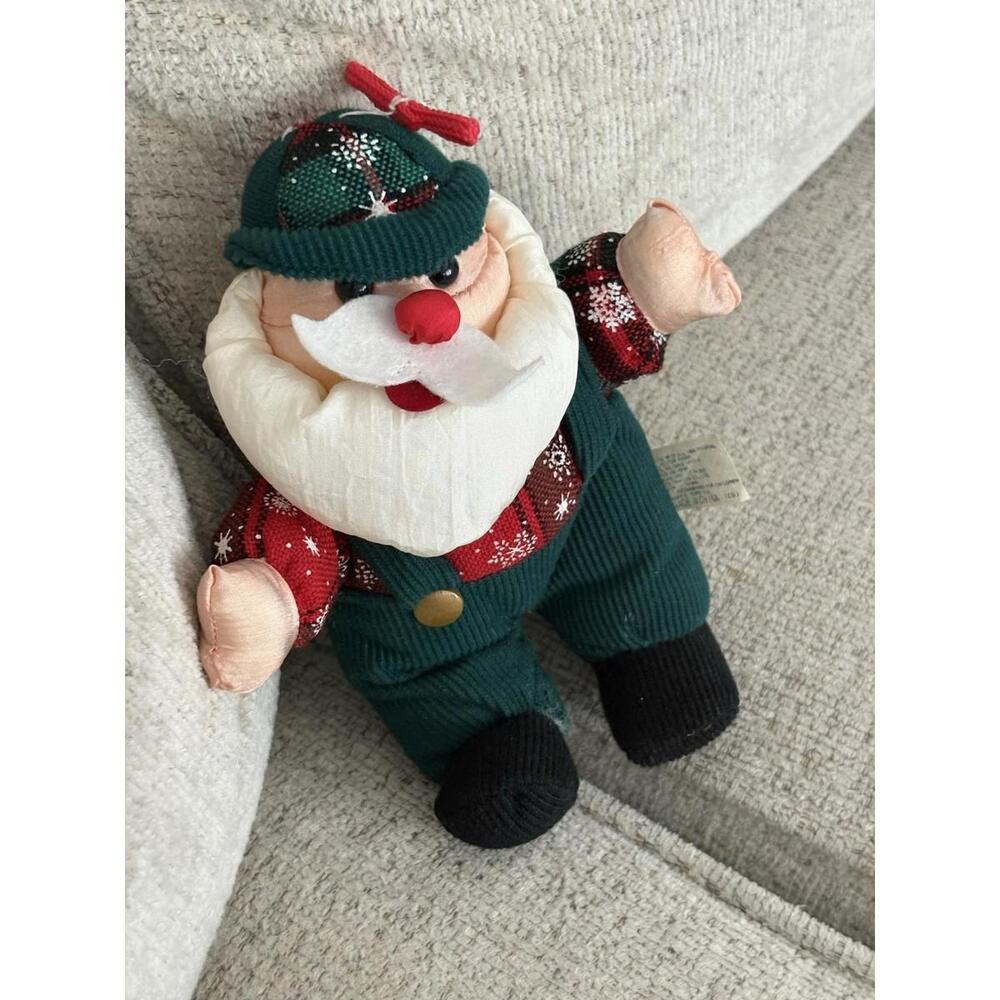 Vintage‎ Santa Claus Plush Doll – Plaid Shirt & Green Corduroy Overalls